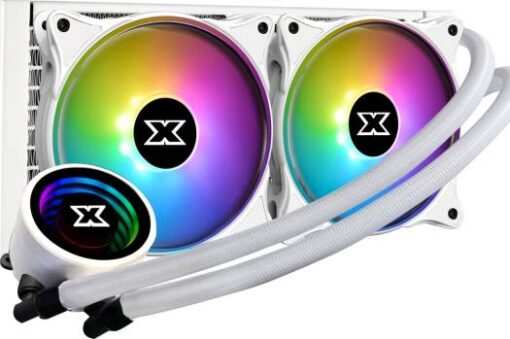 XigmaTek Aurora Arctic 240 Illuminated Pump Head, 2xAT120 Fan, Metal Backplate AIO Liquid Cooler - White