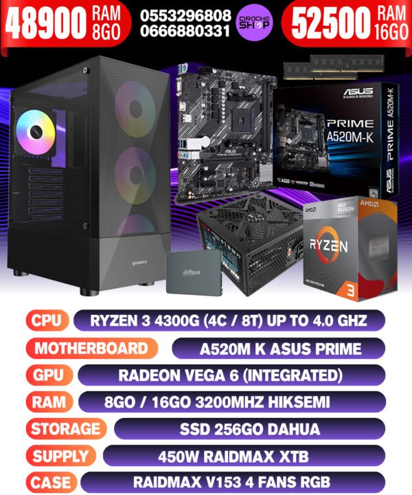 Config Ryzen3 4300G RAM 8/16GB SSD 256GB