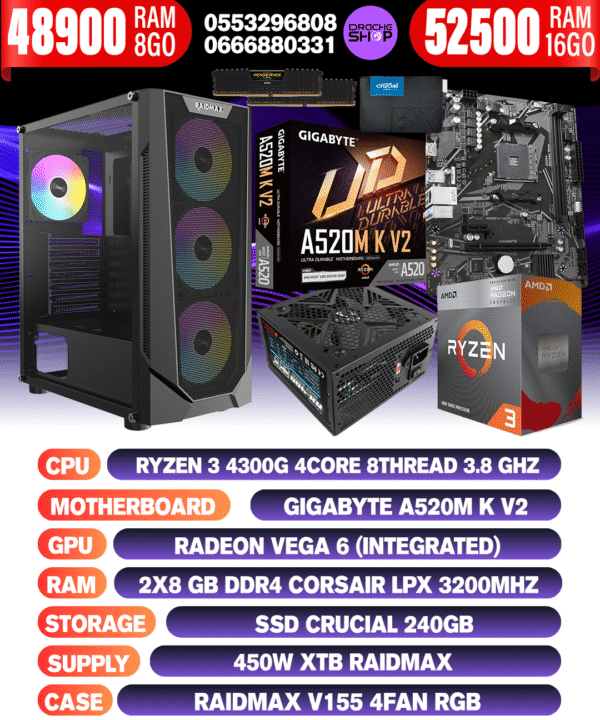 Config Ryzen3 4300G RAM 8/16GB SSD 256GB