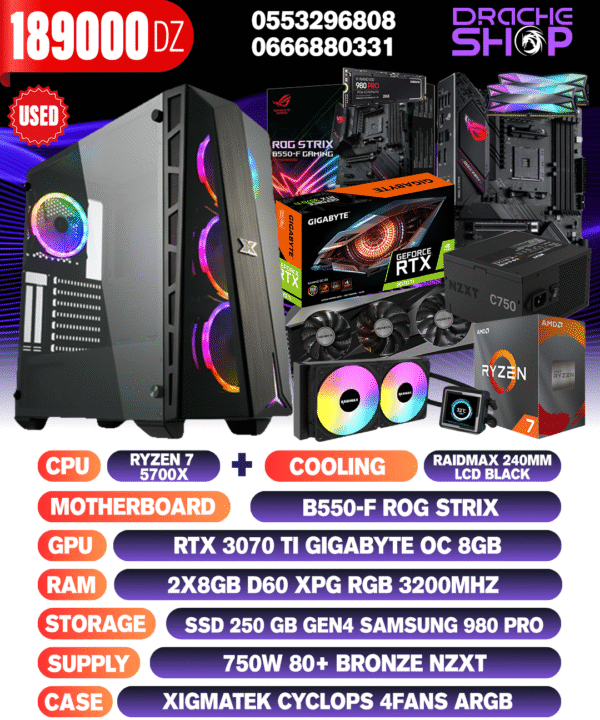 Config "USED" Ryzen 7 5700x +WC Raidmax 240mm LCD RTX 3070TI 8GB RAM 2X8GB SSD NVME 256GB
