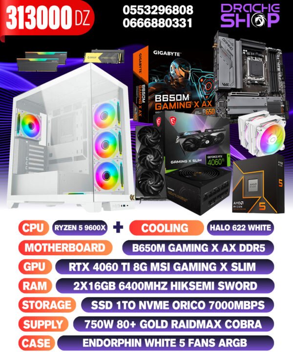 Config Ryzen 5 9600x + AC Halo 622 RTX 4060TI 8GB RAM 2X16GB DDR5 SSD NVME 1TB