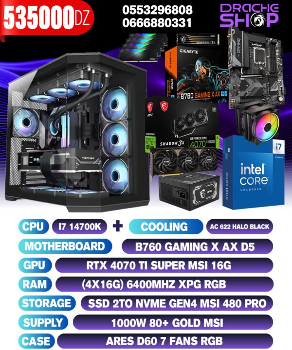 Config I7 14700K + AC 622 Halo RTX 4070TI Super 16GB RAM 4X16GB DDR5 SSD NVME 2Tb