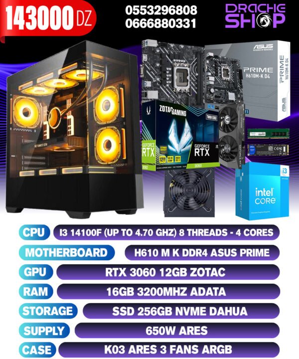 Config Intel I3 14100F  RTX 3060 12GB Ram 16GB SSD Nvme 256Gb