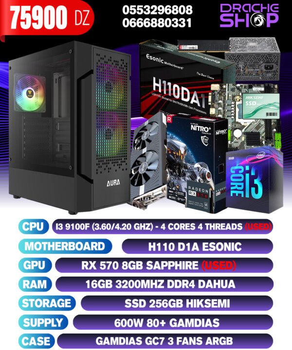 Config INTEL I3 9100F RX 570 8GB RAM 16GB SSD 256GB