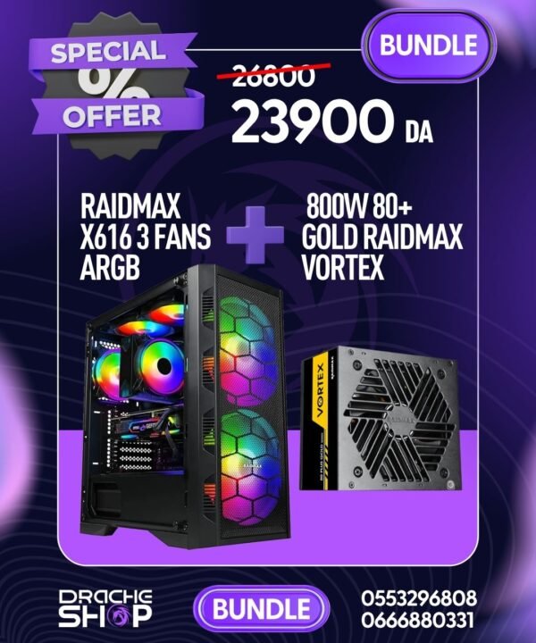Combo Case Raidmax X616 Black + Alimentation Raidmax Vortex 800w 80+ Gold