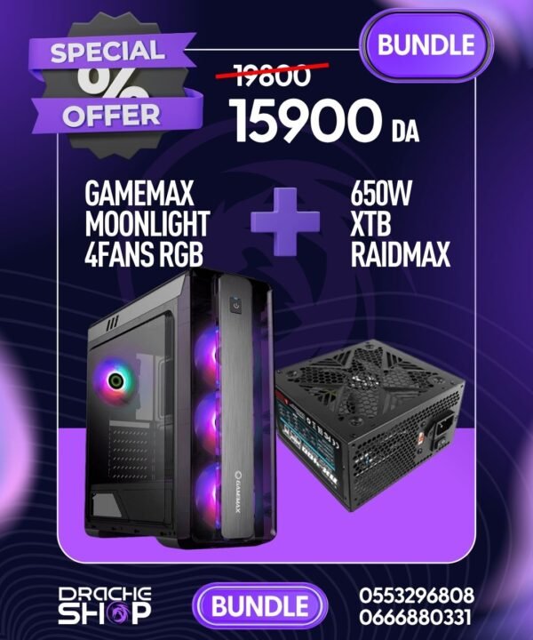 Combo Case Gamemax Moonlight 4 Fans RGB + Alimentation Raidmax 450w