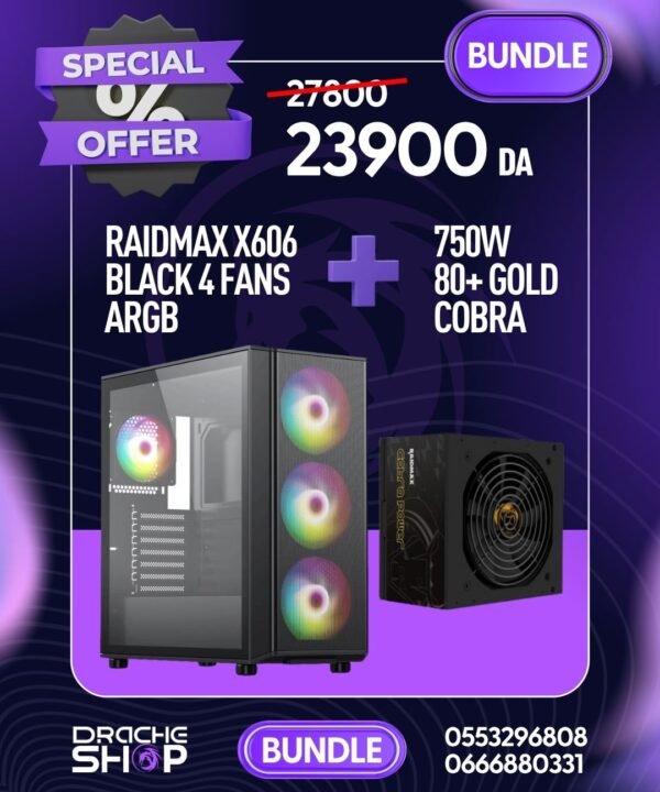 Combo Case Raidmax X606 Black + Alimentation Raidmax Cobra 750w 80+ Gold