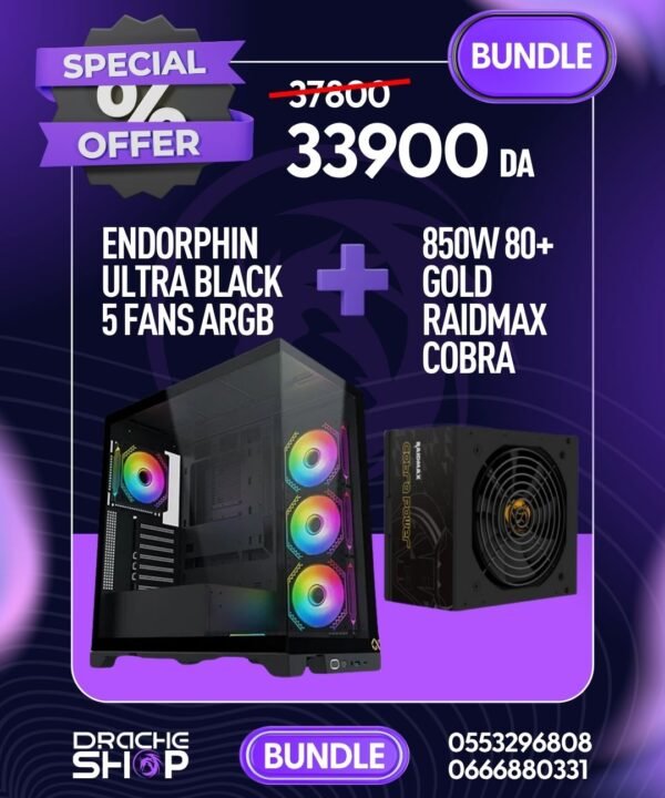 Combo Case Endorphin Ultra Black 5 Fans ARGB + Alimentation Raidmax Cobra 850w 80+ Gold