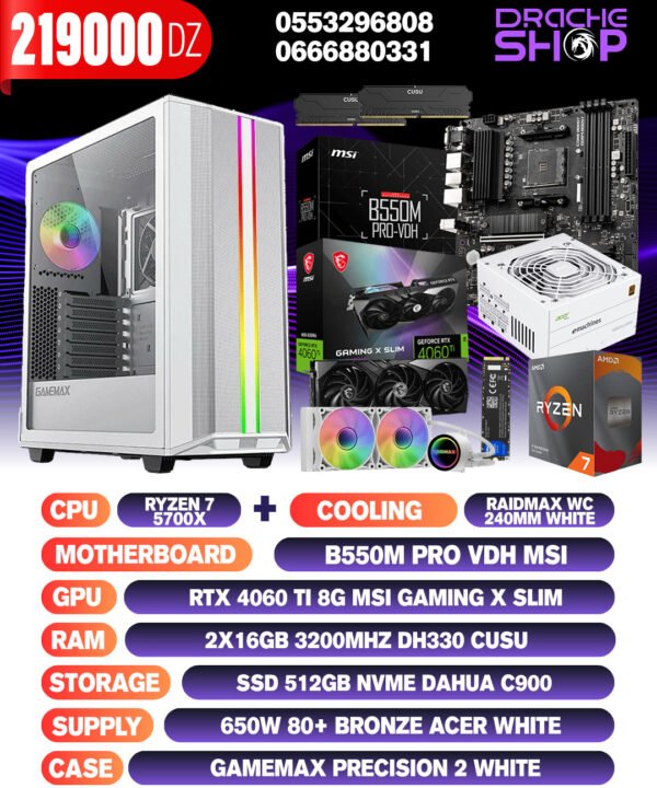Config Ryzen 7 5700x + WC Raidmax 240mm RTX 4060TI 8GB RAM 2X16GB DDR4 SSD NVME 512GB