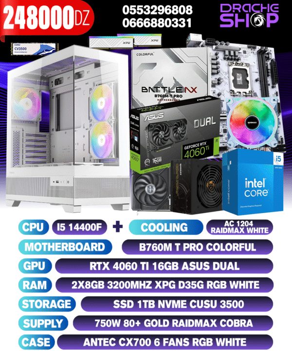 Config I5 14400F +AC Raidmax 1204 RTX 4060TI 16GB Rams 2*8GB  SSD Nvme 1TB